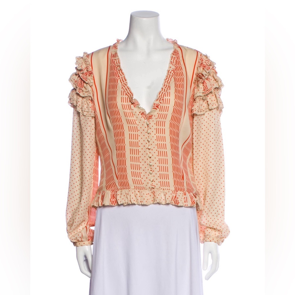 Nicholas cream and red striped ruffle silk button-down blouse